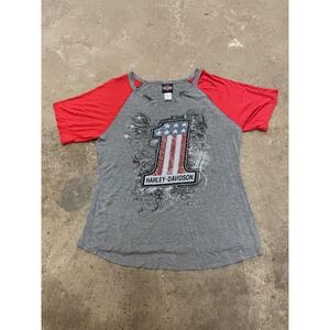 Harley-Davidson Shirt Womens XL Gray Red Raglan Scoop Neck USA Flag Graphic Top